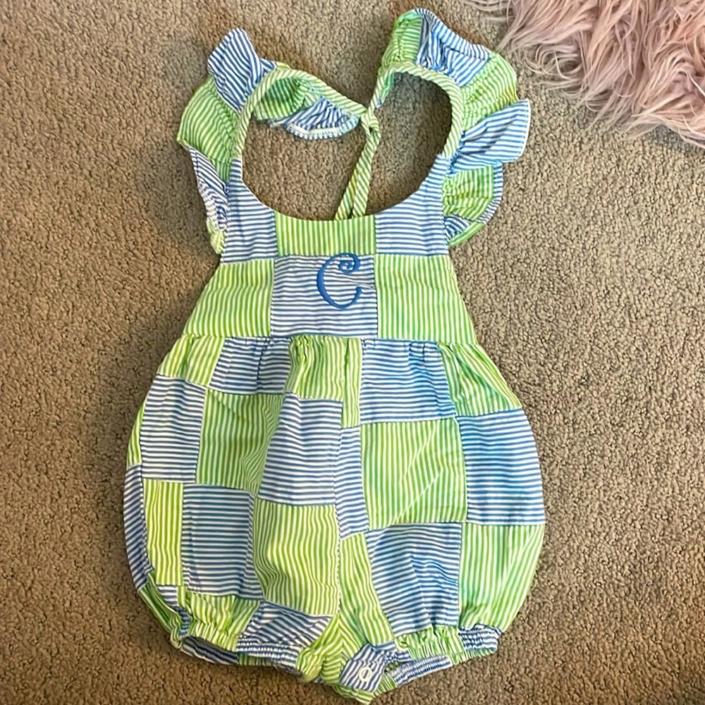Custom girls bubble romper. Size approx. 6-9m. Monogram “C” on front.
